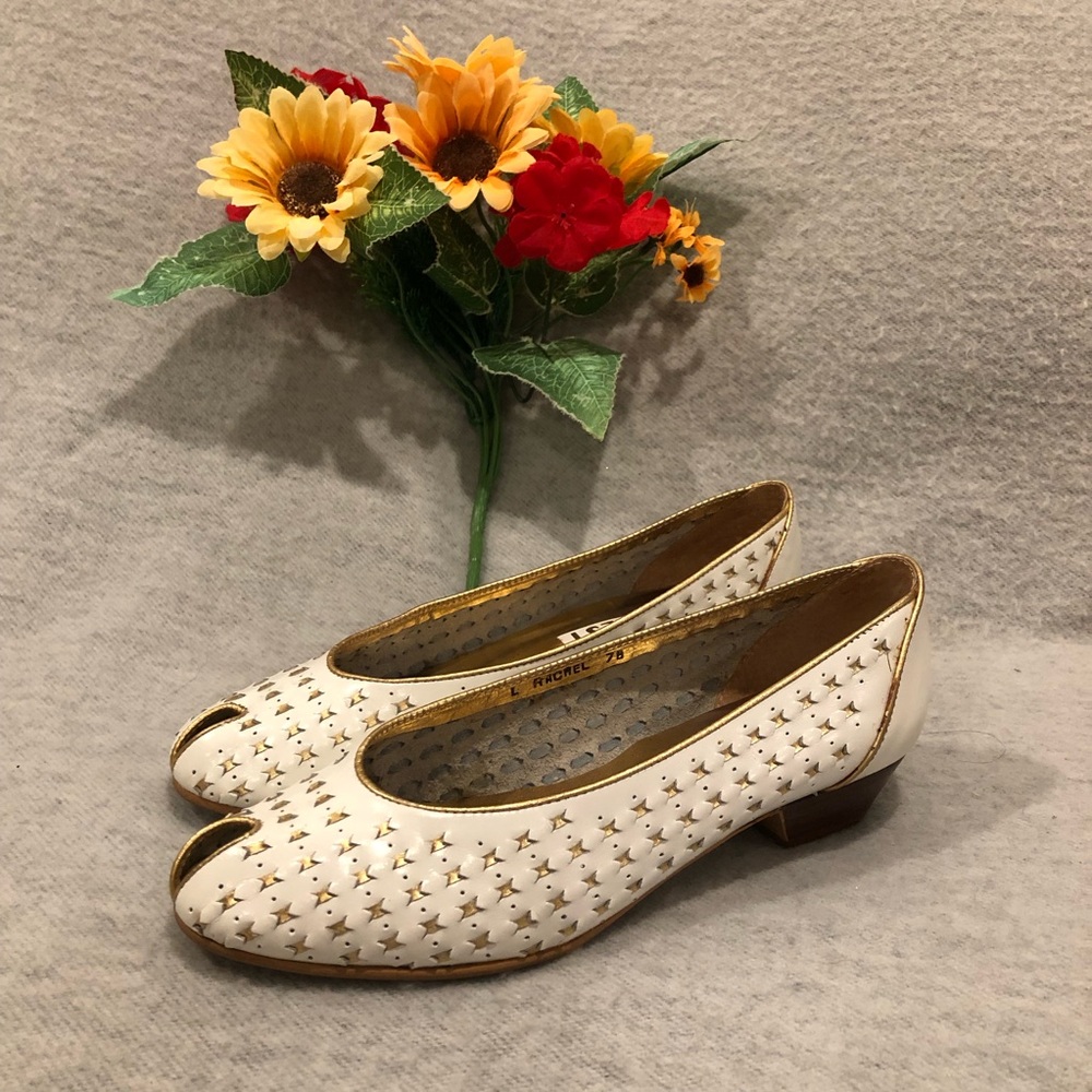 Women’s White Ballet Flats with Gold Trim and Star Cutouts